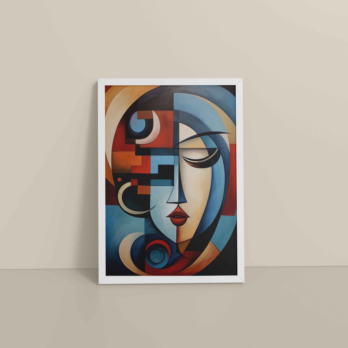 Floor View of Linear Beauty – Artistic Woman Face in Geometry in White Color Frame