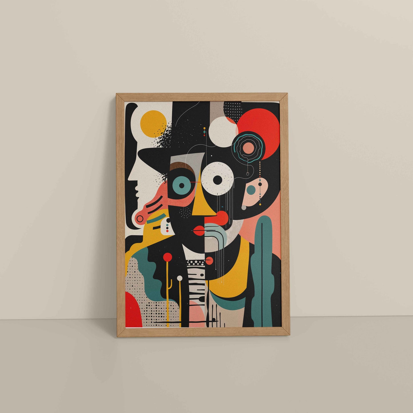 Floor View of Cubism Arrangement – Modern Geometric Wall Art in Natrual Color Frame