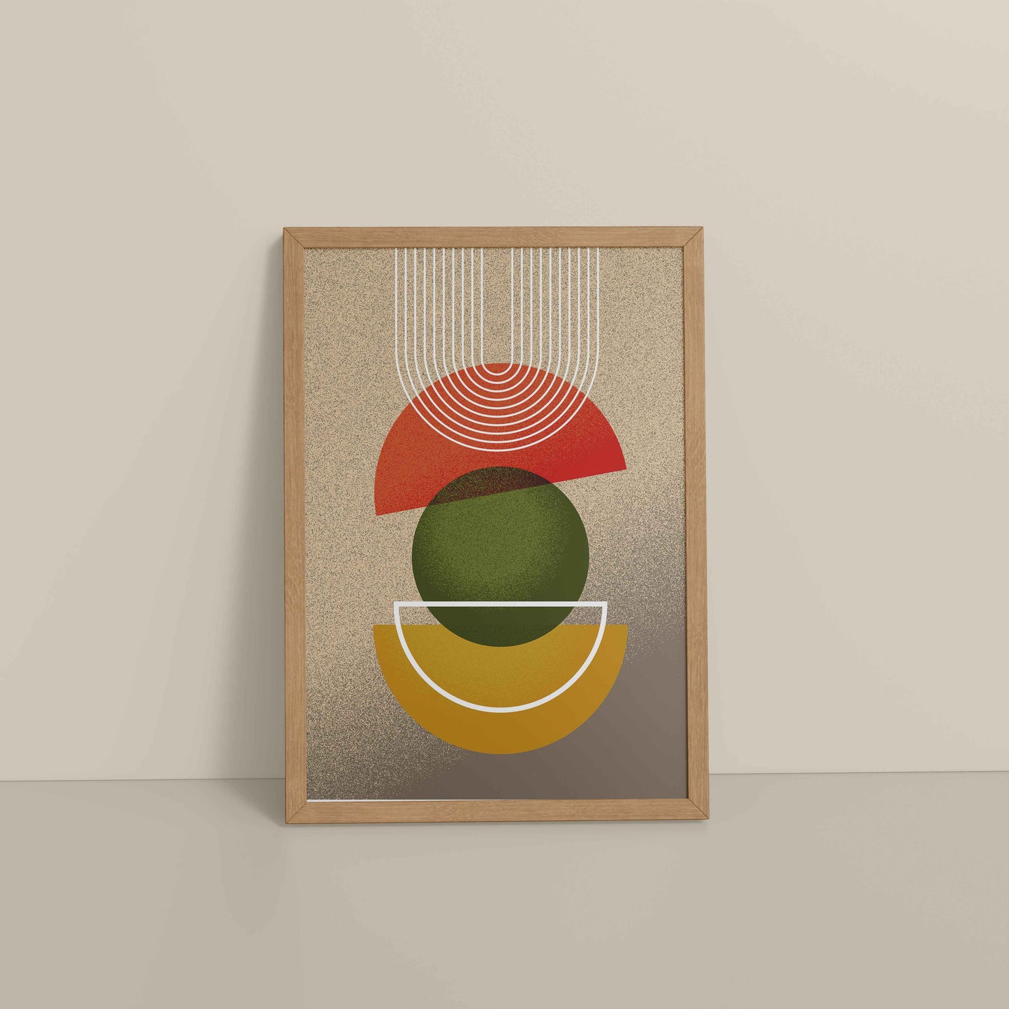 Floor View of Mid-Century Geometry – Abstract Shapes Wall Art in Natrual Color Frame