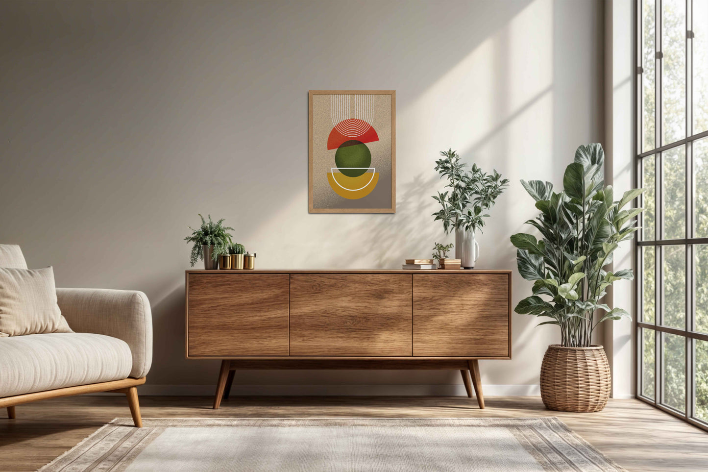 Living Room Cabinet Preview of Mid-Century Geometry – Abstract Shapes Wall Art in Natrual Color Frame