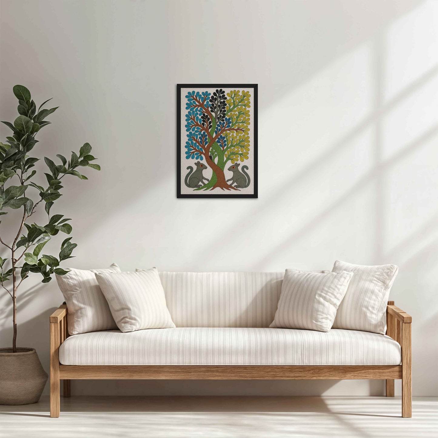 Living Room Cabinet Table Preview of Nature's Harmony – Curved Trees & Squirrel Gond Art Painting in Black Color Frame