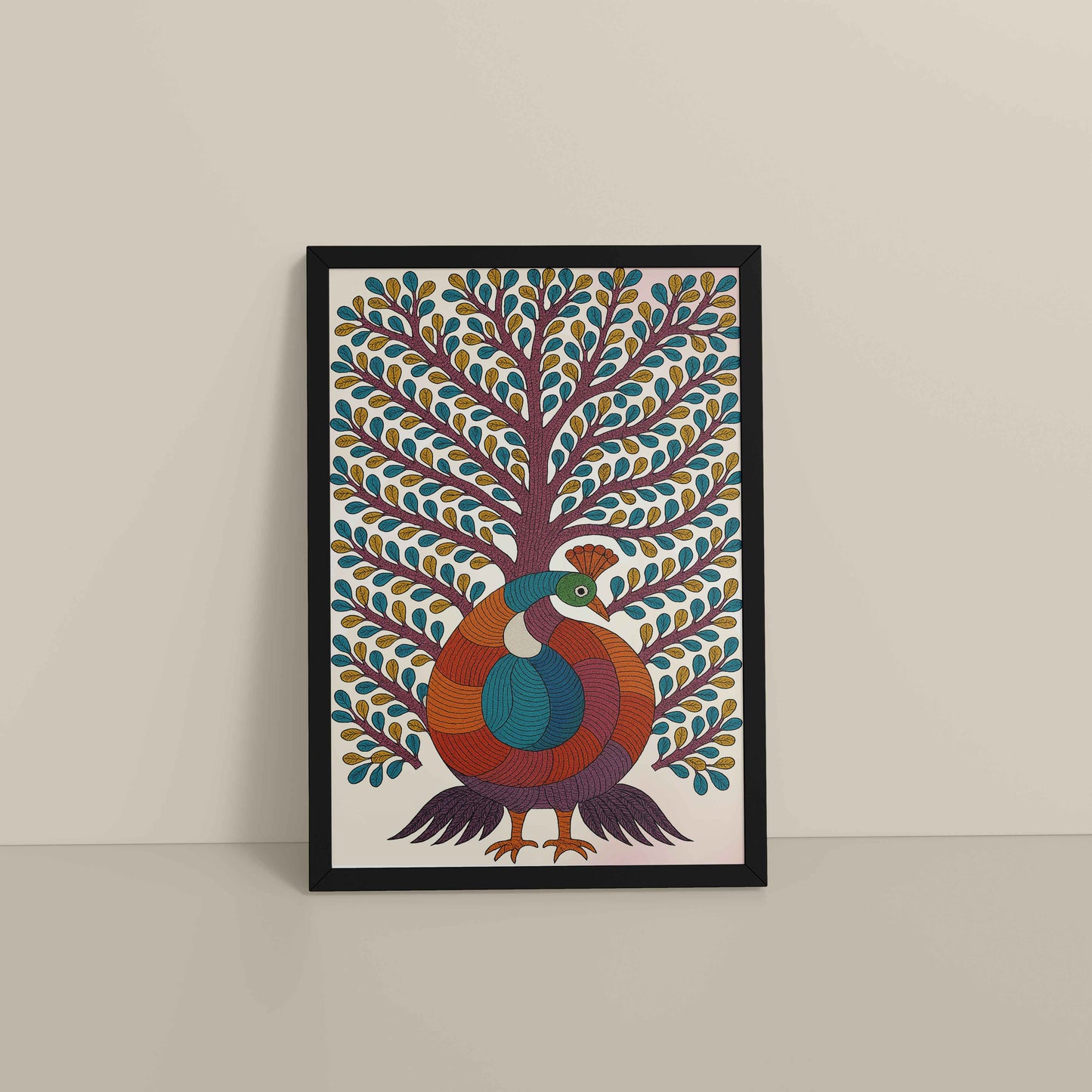 Floor View of Tree of Elegance – Traditional Peacock Gond Art Painting in Black Color Frame