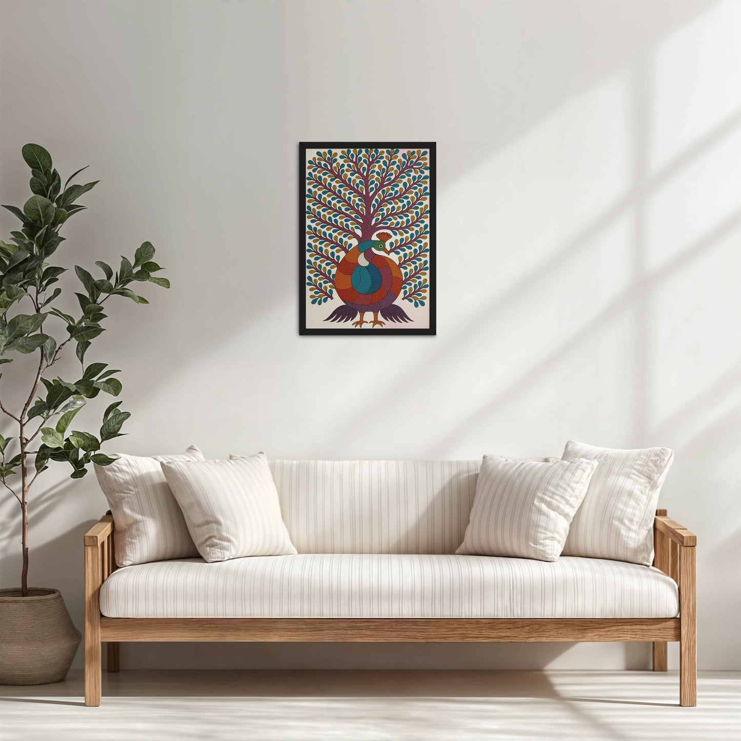 Living Room Cabinet Table Preview of Tree of Elegance – Traditional Peacock Gond Art Painting in Black Color Frame
