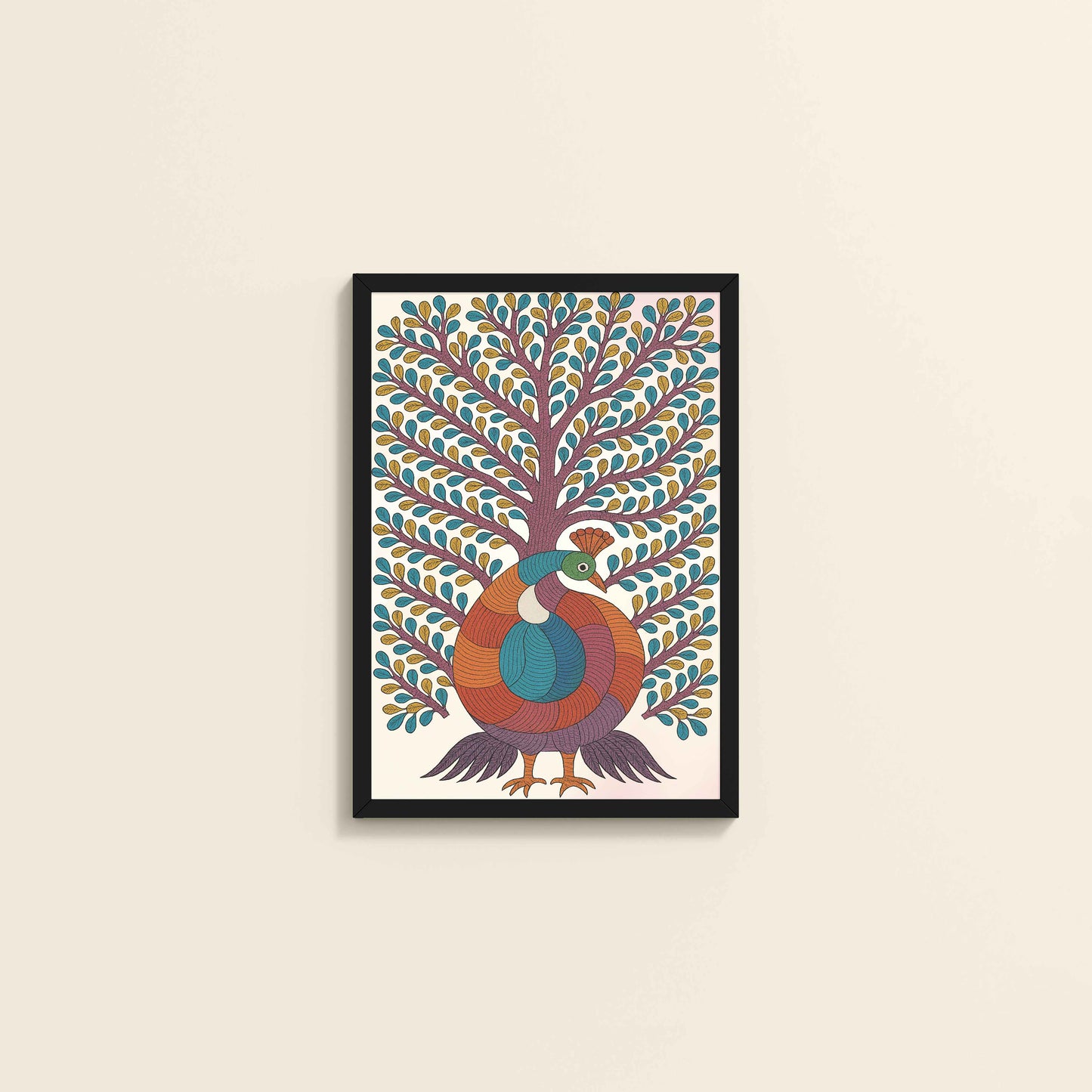 Wall View of Tree of Elegance – Traditional Peacock Gond Art Painting in Black Color Frame