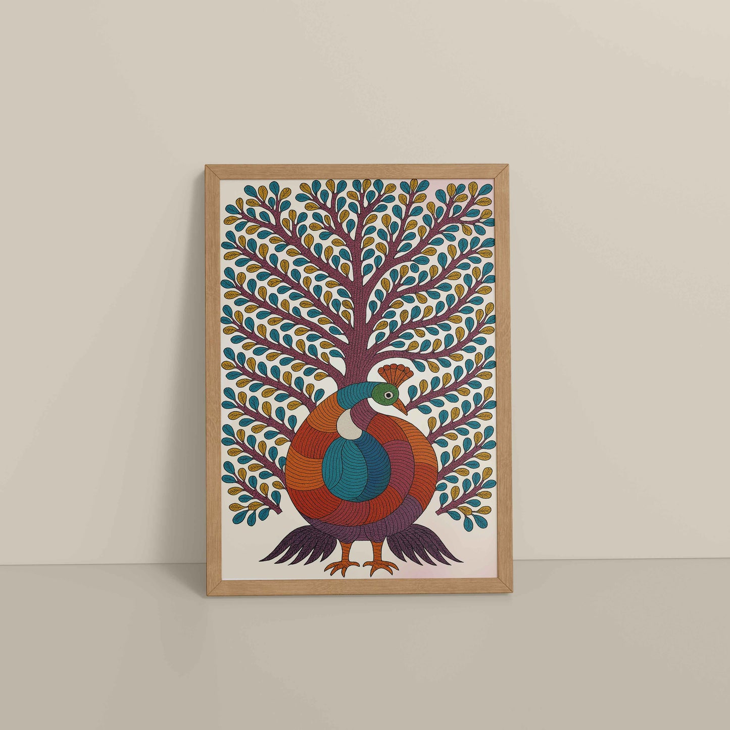 Floor View of Tree of Elegance – Traditional Peacock Gond Art Painting in Natrual Color Frame
