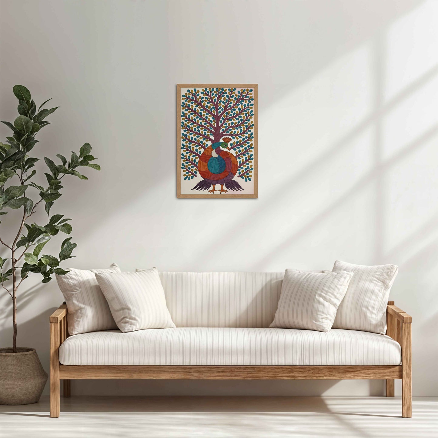 Living Room Cabinet Table Preview of Tree of Elegance – Traditional Peacock Gond Art Painting in Natrual Color Frame