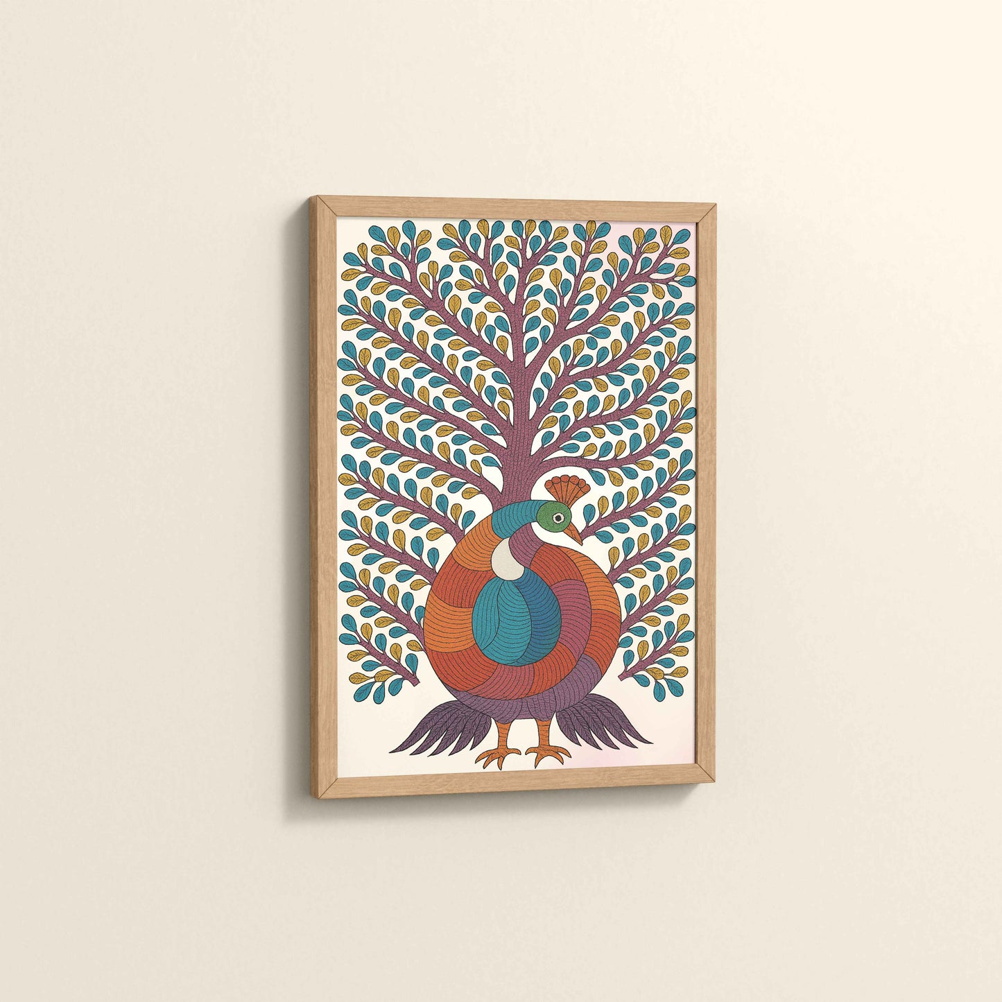 Side View of Tree of Elegance – Traditional Peacock Gond Art Painting in Natrual Color Frame