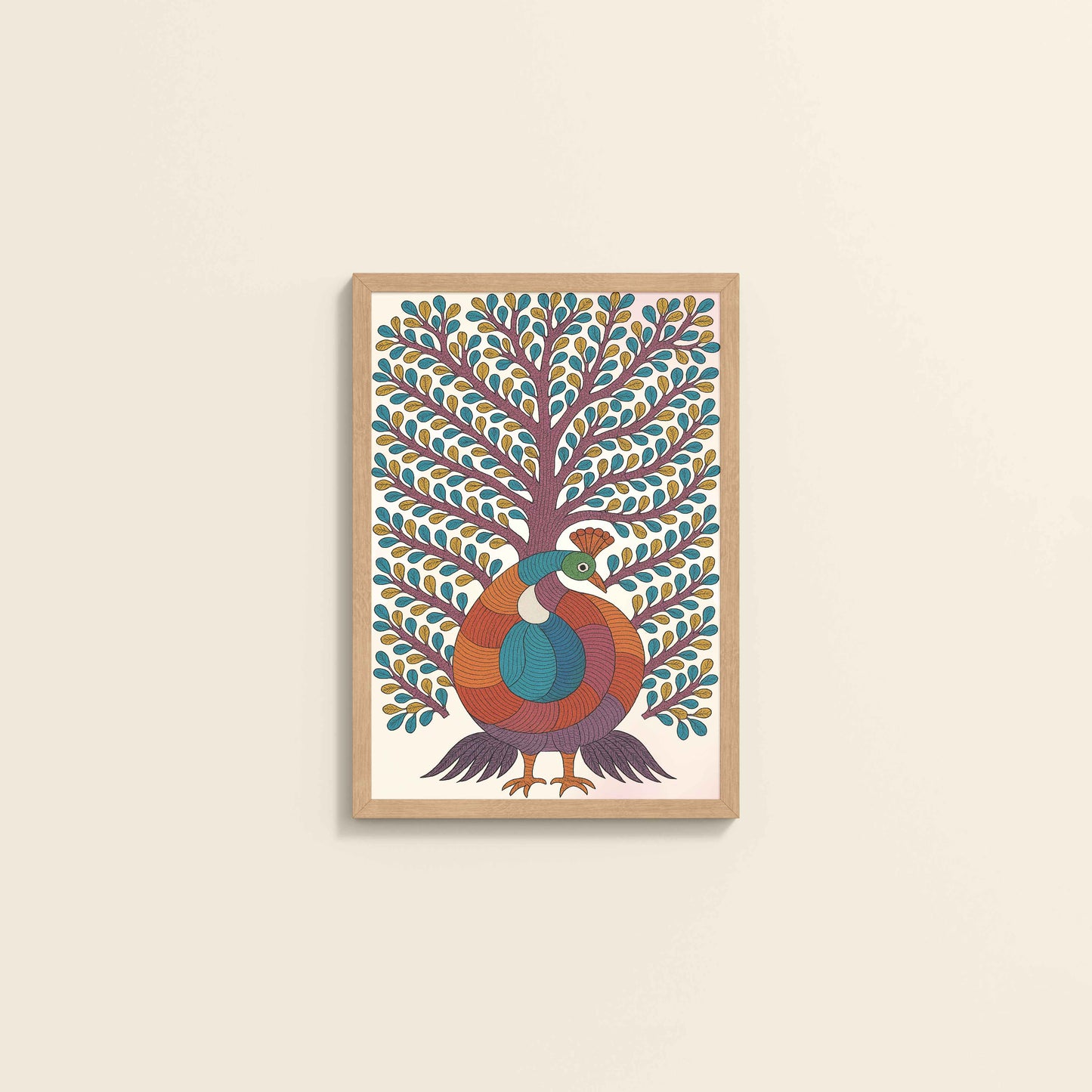 Wall View of Tree of Elegance – Traditional Peacock Gond Art Painting in Natrual Color Frame