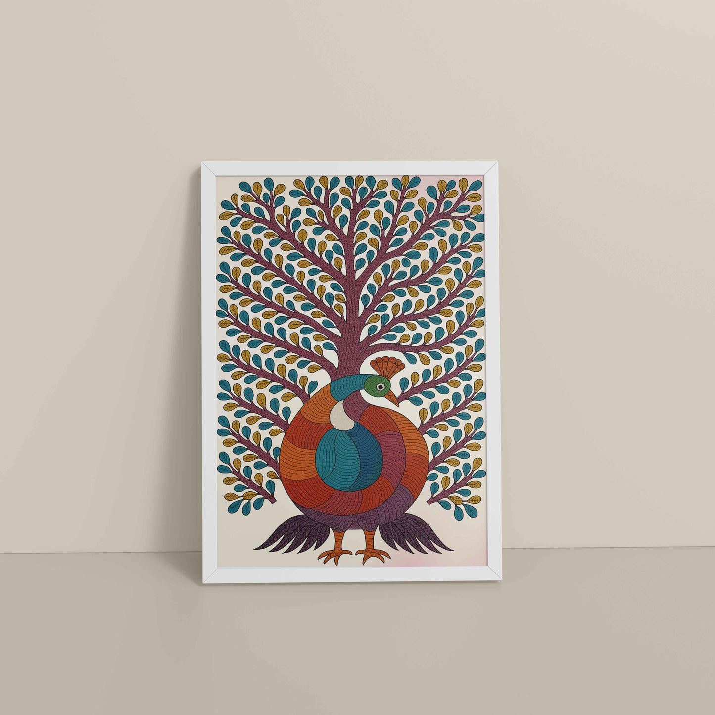 Floor View of Tree of Elegance – Traditional Peacock Gond Art Painting in White Color Frame