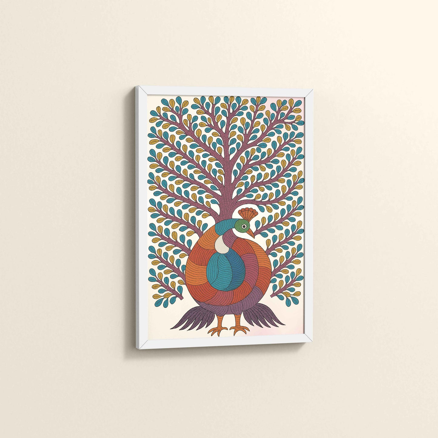 Side View of Tree of Elegance – Traditional Peacock Gond Art Painting in White Color Frame