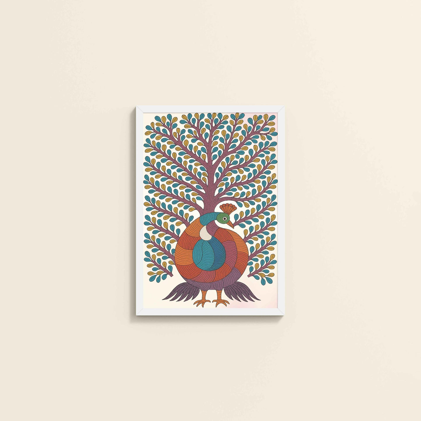 Wall View of Tree of Elegance – Traditional Peacock Gond Art Painting in White Color Frame
