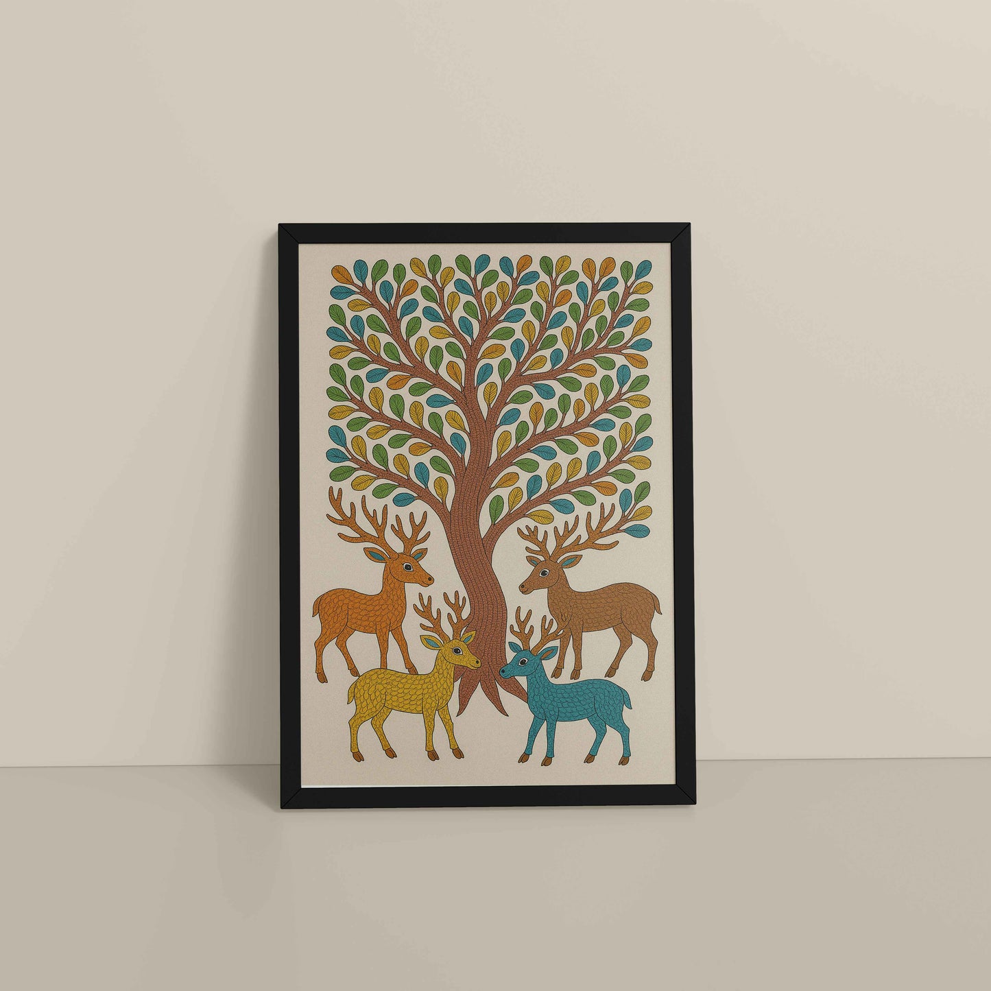 Floor View of Forest Beauty – Deer & Tree in Traditional Gond Art in Black Color Frame