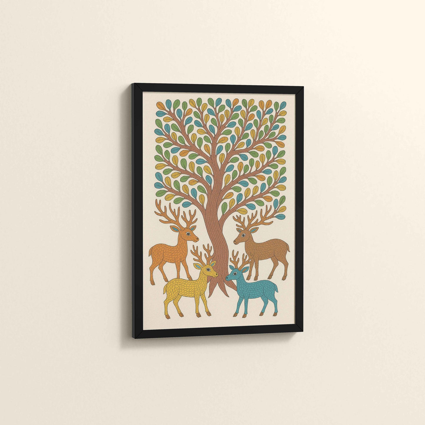 Side View of Forest Beauty – Deer & Tree in Traditional Gond Art in Black Color Frame