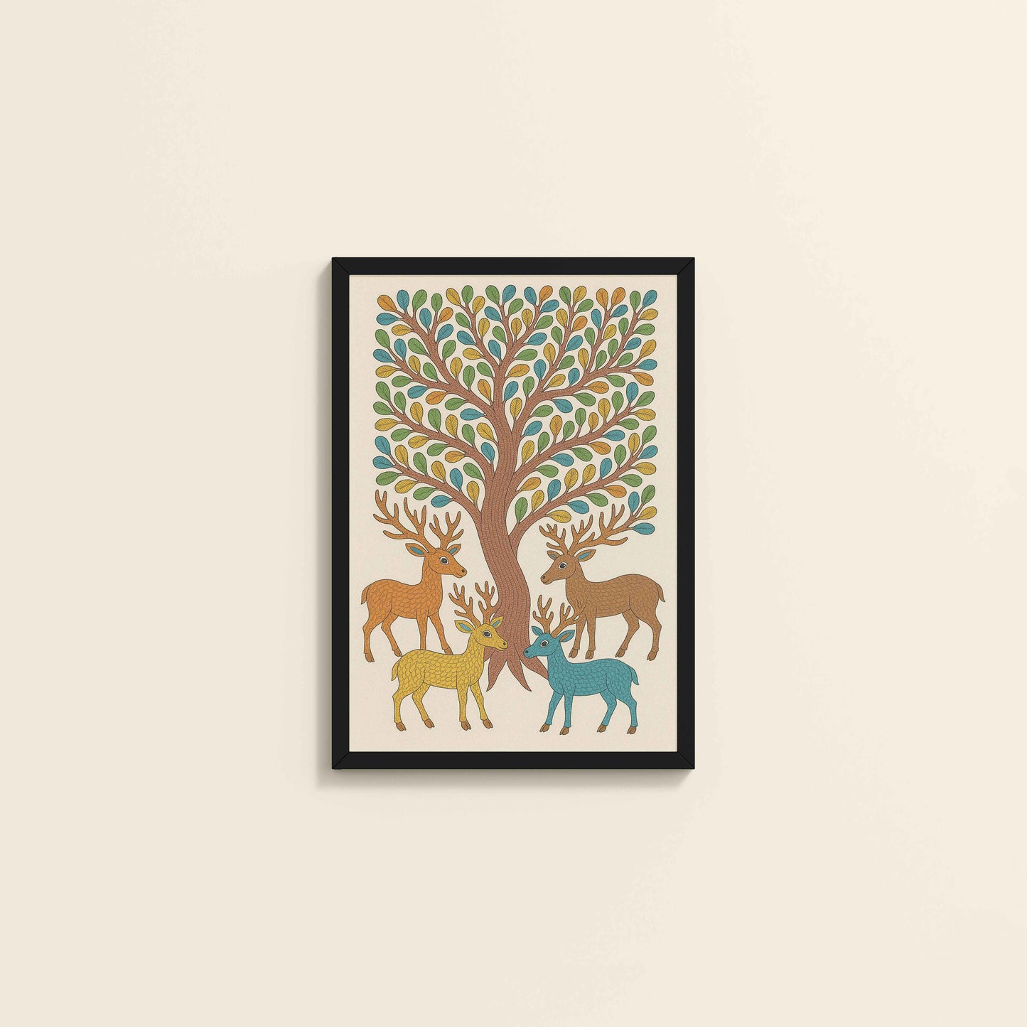 Wall View of Forest Beauty – Deer & Tree in Traditional Gond Art in Black Color Frame