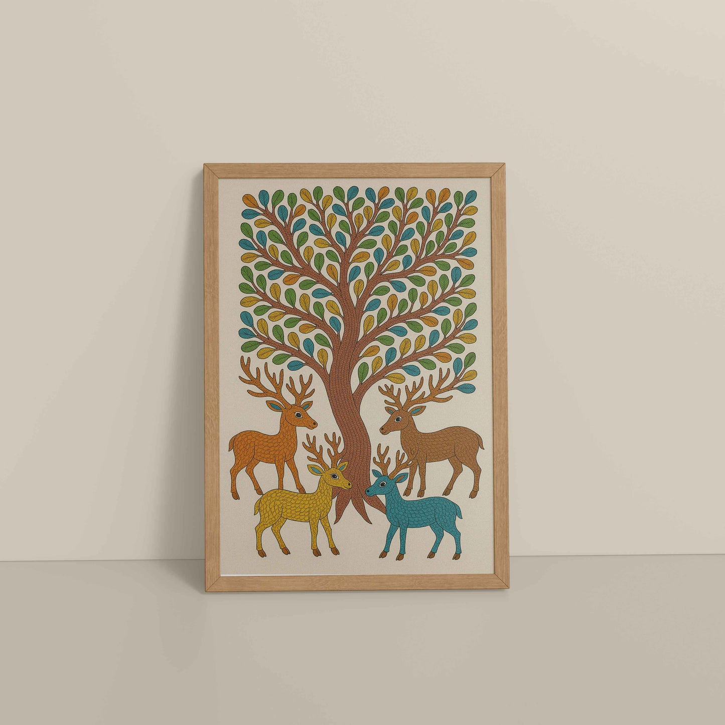 Floor View of Forest Beauty – Deer & Tree in Traditional Gond Art in Natrual Color Frame