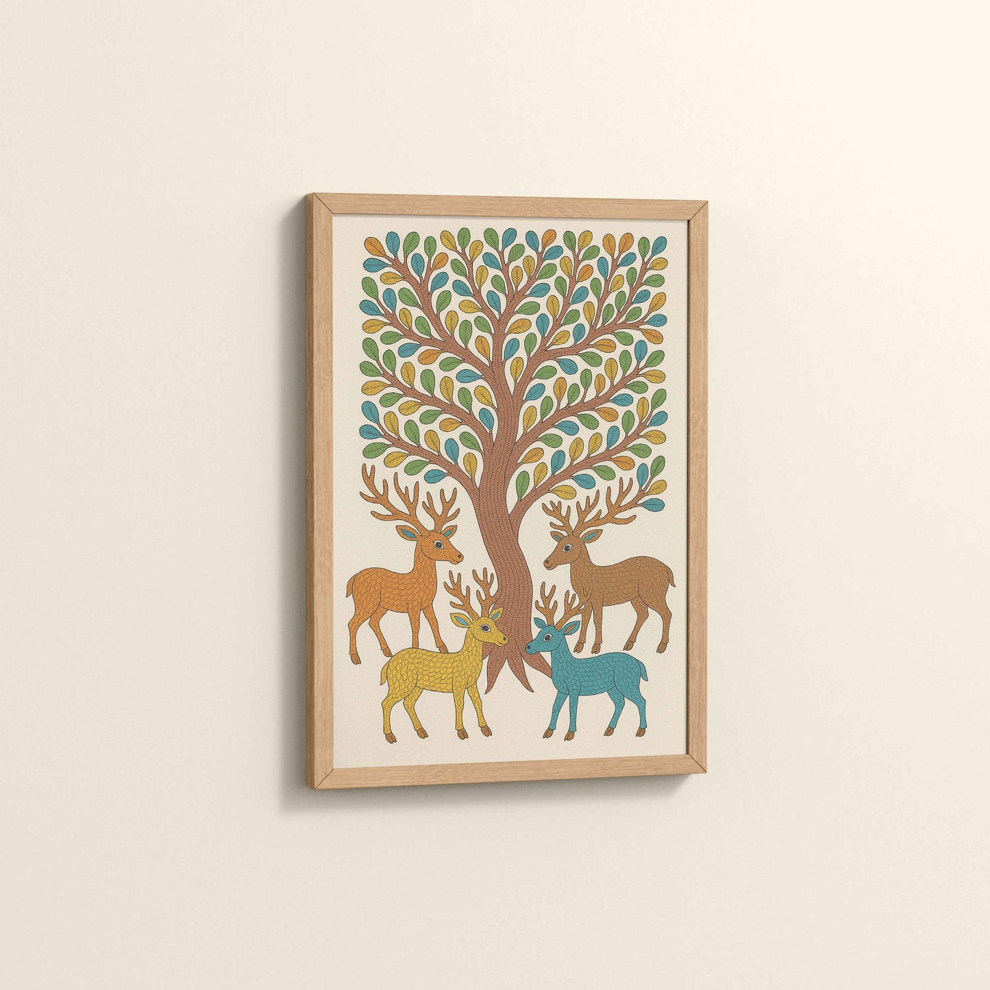 Side View of Forest Beauty – Deer & Tree in Traditional Gond Art in Natrual Color Frame