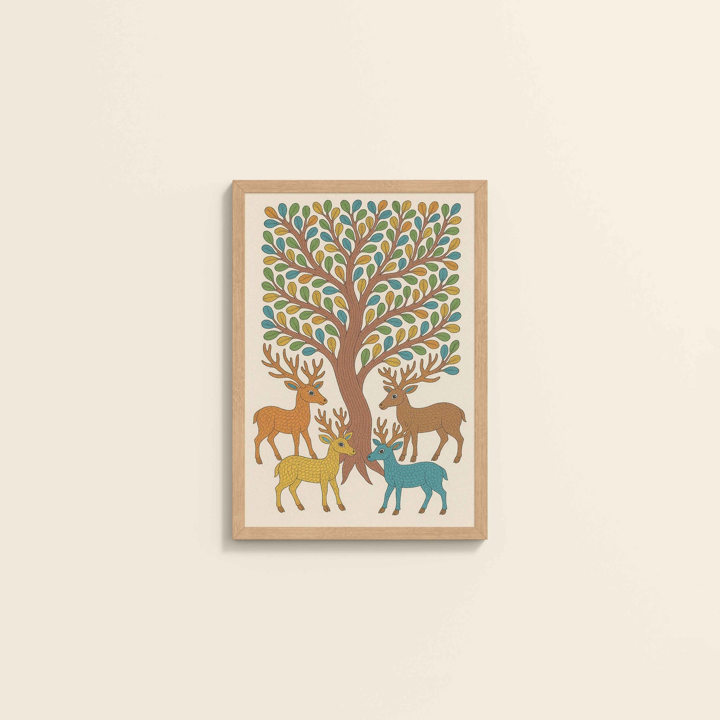 Wall View of Forest Beauty – Deer & Tree in Traditional Gond Art in Natrual Color Frame