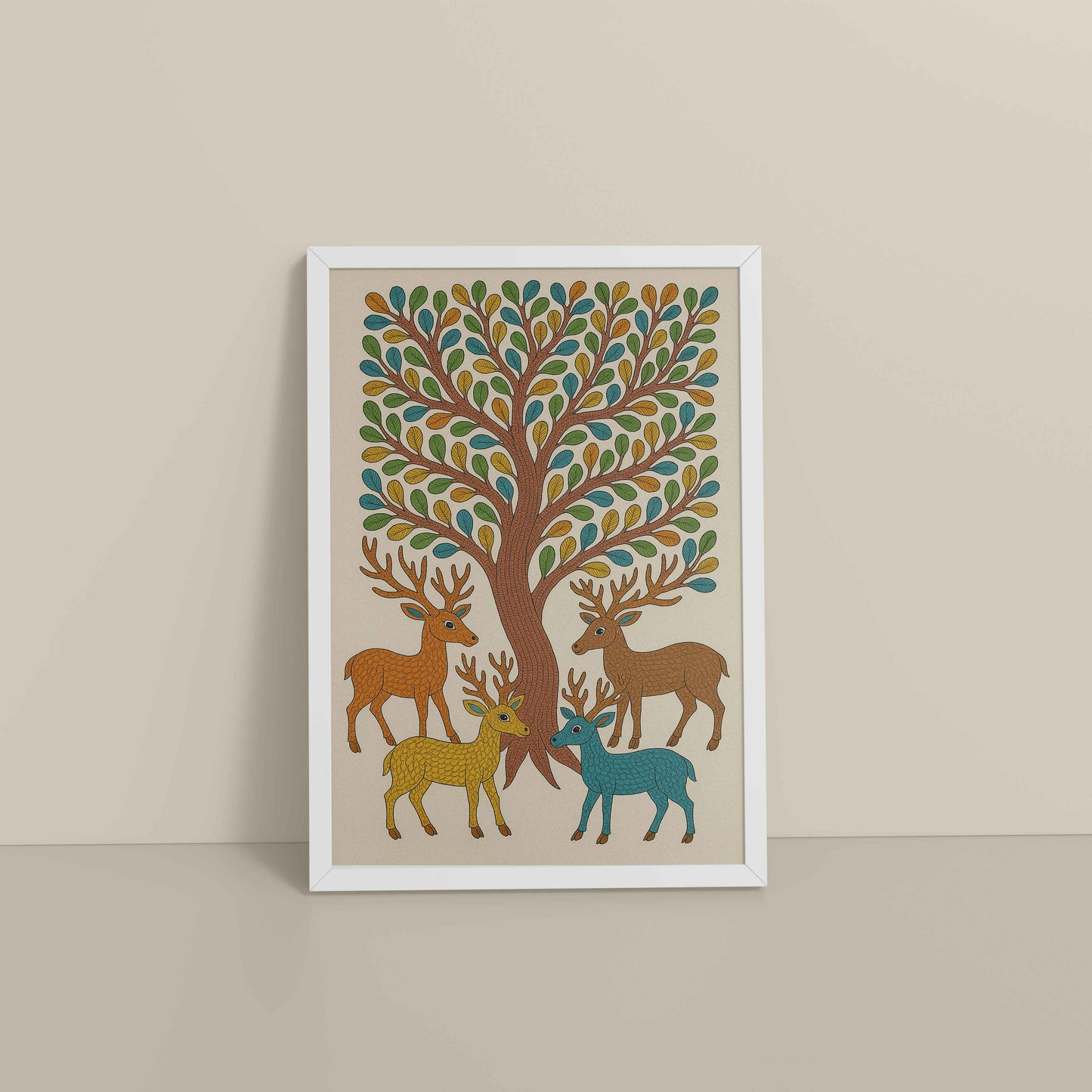 Floor View of Forest Beauty – Deer & Tree in Traditional Gond Art in White Color Frame