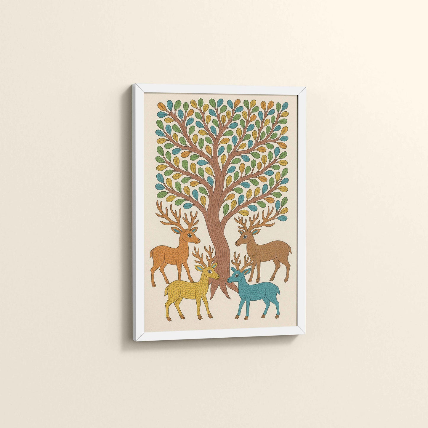 Side View of Forest Beauty – Deer & Tree in Traditional Gond Art in White Color Frame