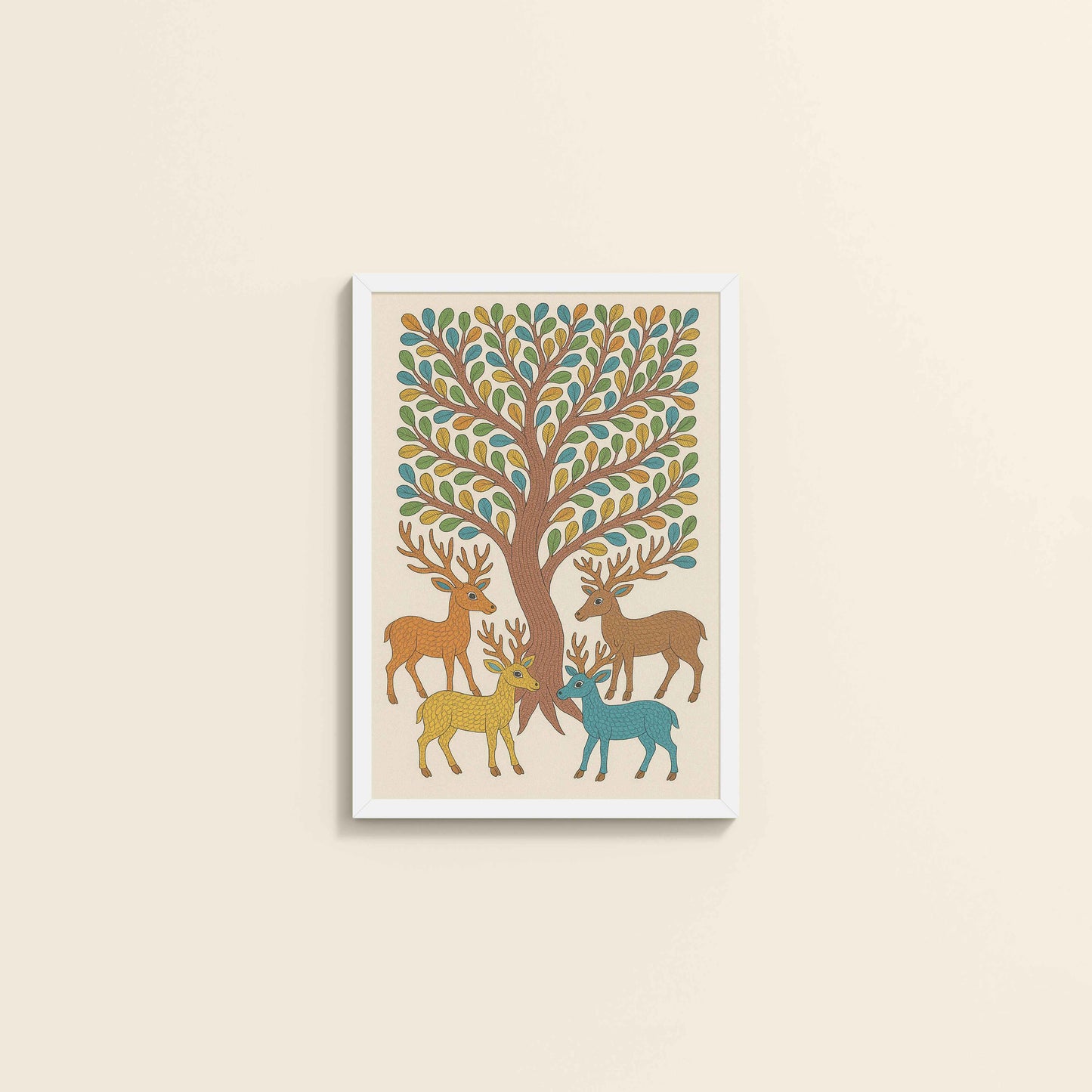 Wall View of Forest Beauty – Deer & Tree in Traditional Gond Art in White Color Frame