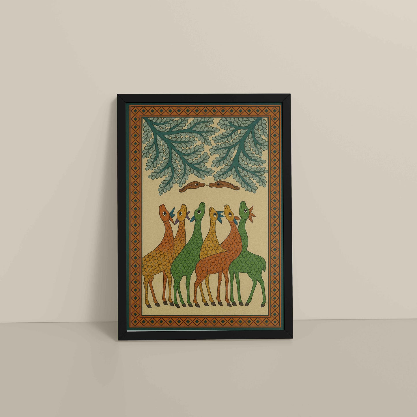 Floor View of Forest Companions – Tribal Deer & Nature Gond Painting in Black Color Frame
