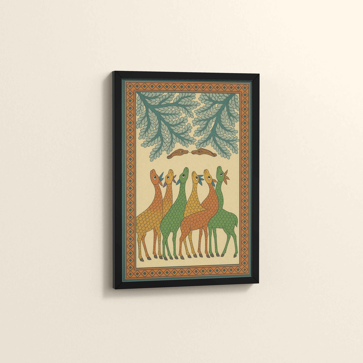 Side View of Forest Companions – Tribal Deer & Nature Gond Painting in Black Color Frame