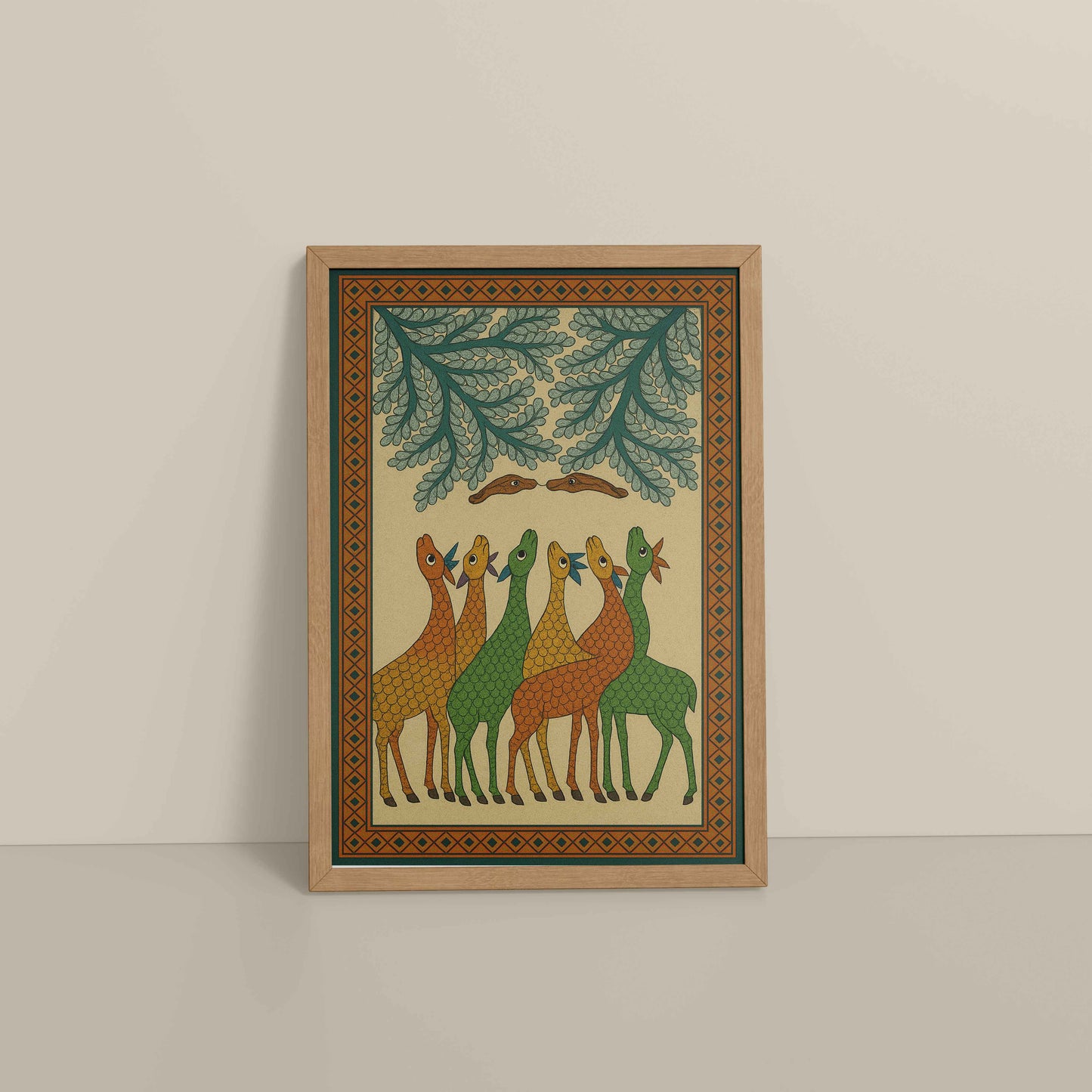 Floor View of Forest Companions – Tribal Deer & Nature Gond Painting in Natrual Color Frame