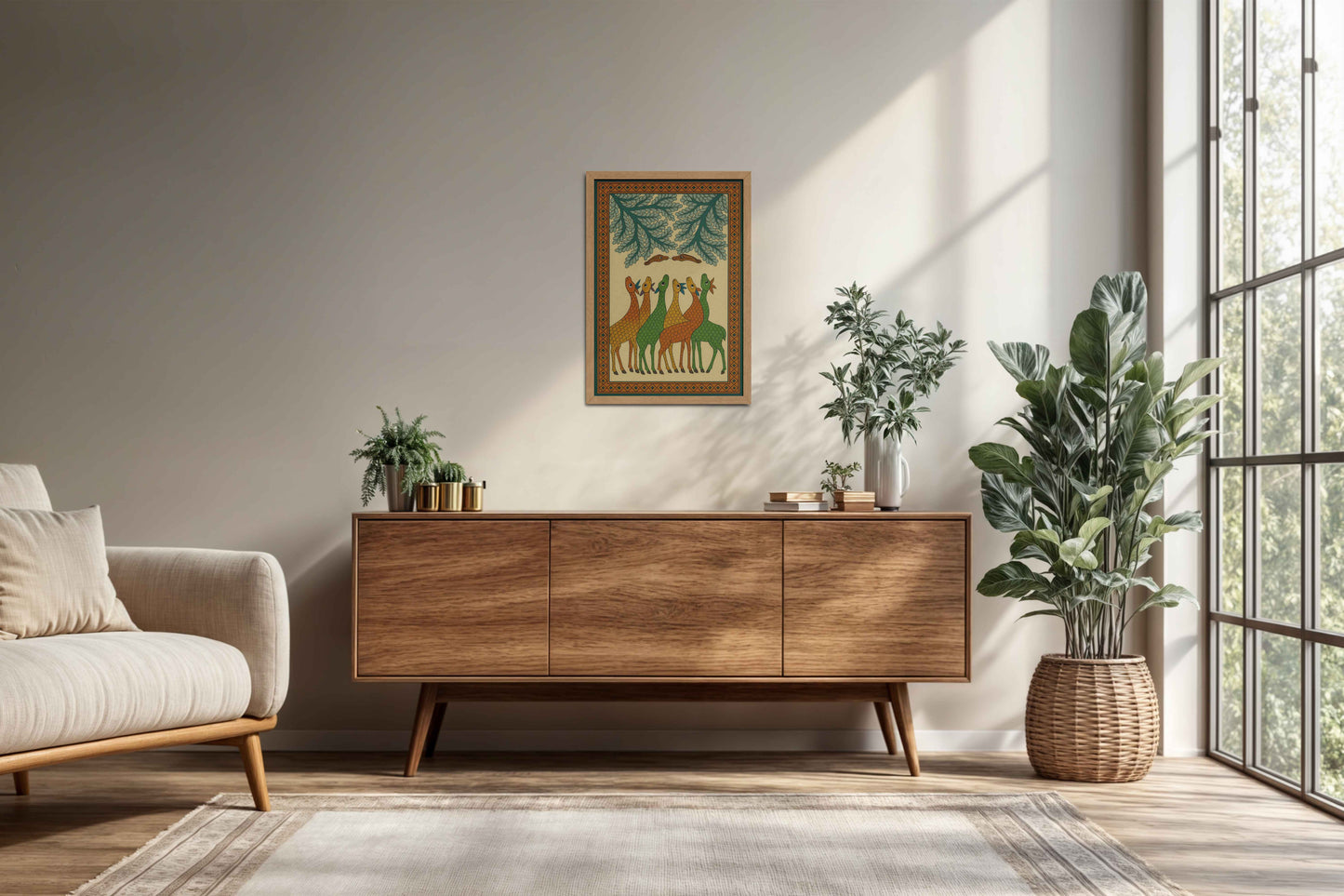 Living Room Cabinet Preview of Forest Companions – Tribal Deer & Nature Gond Painting in Natrual Color Frame