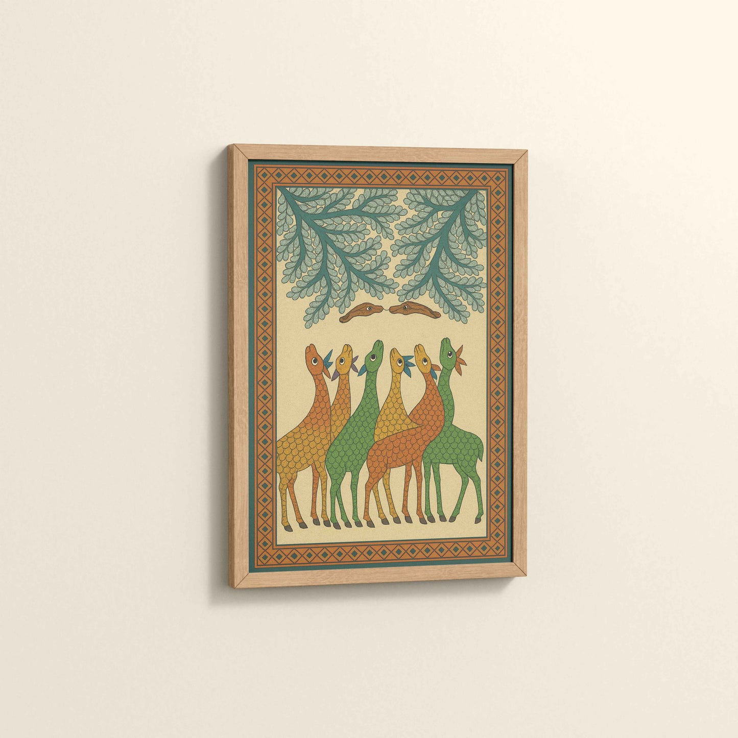 Side View of Forest Companions – Tribal Deer & Nature Gond Painting in Natrual Color Frame