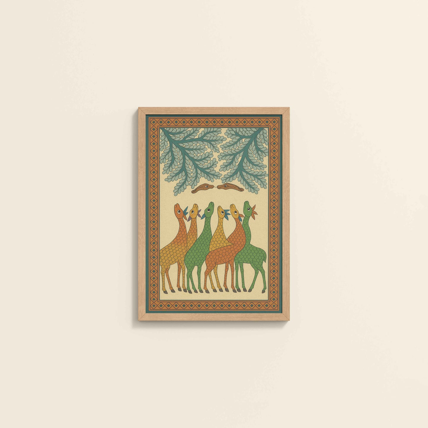 Wall View of Forest Companions – Tribal Deer & Nature Gond Painting in Natrual Color Frame