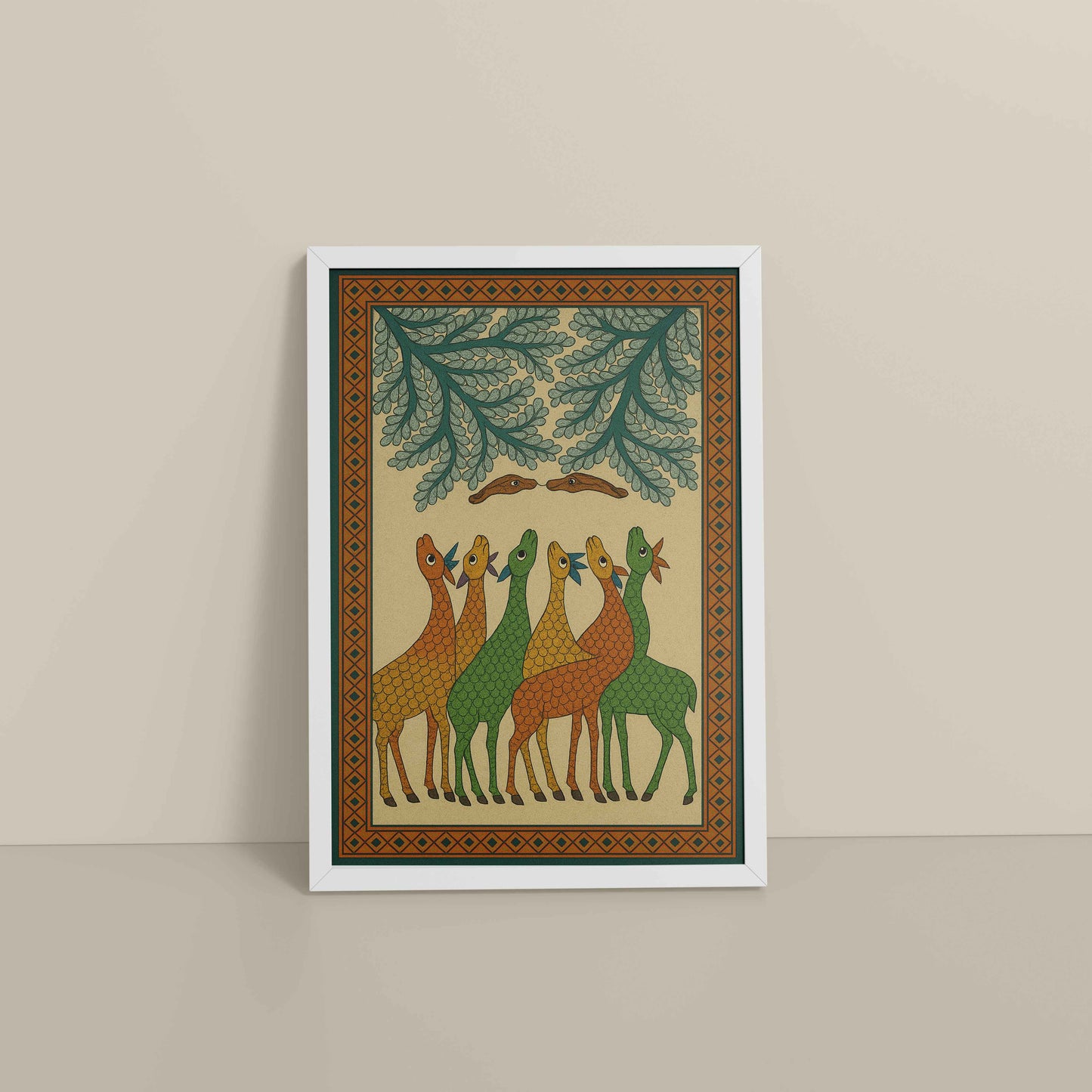 Floor View of Forest Companions – Tribal Deer & Nature Gond Painting in White Color Frame