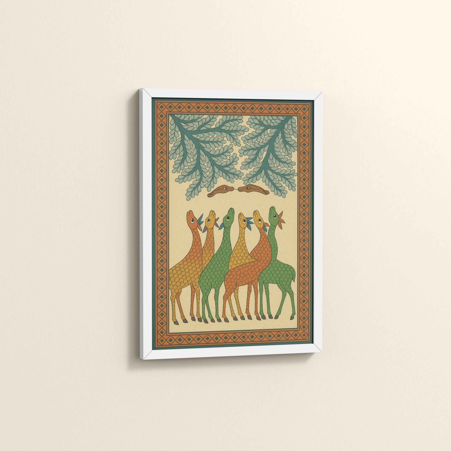 Side View of Forest Companions – Tribal Deer & Nature Gond Painting in White Color Frame