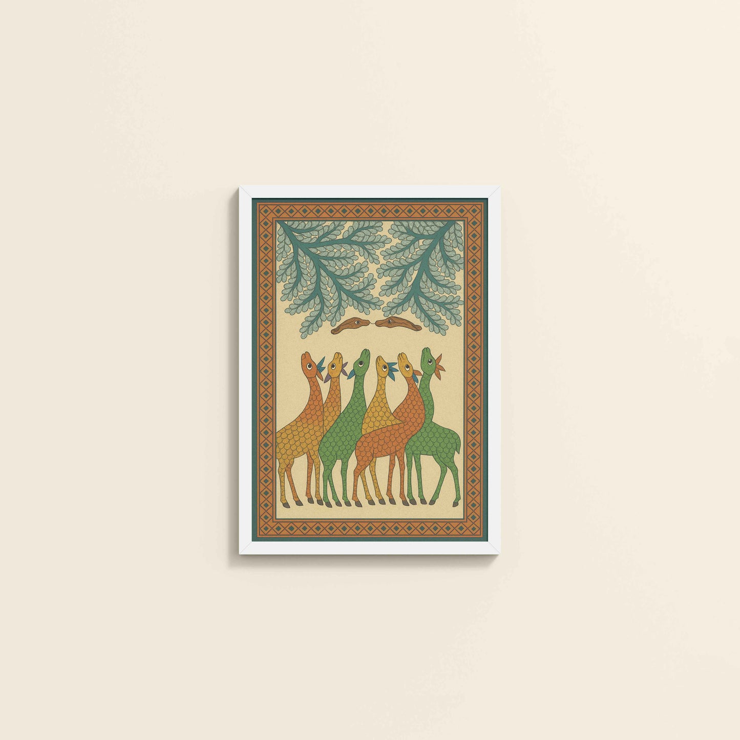 Wall View of Forest Companions – Tribal Deer & Nature Gond Painting in White Color Frame