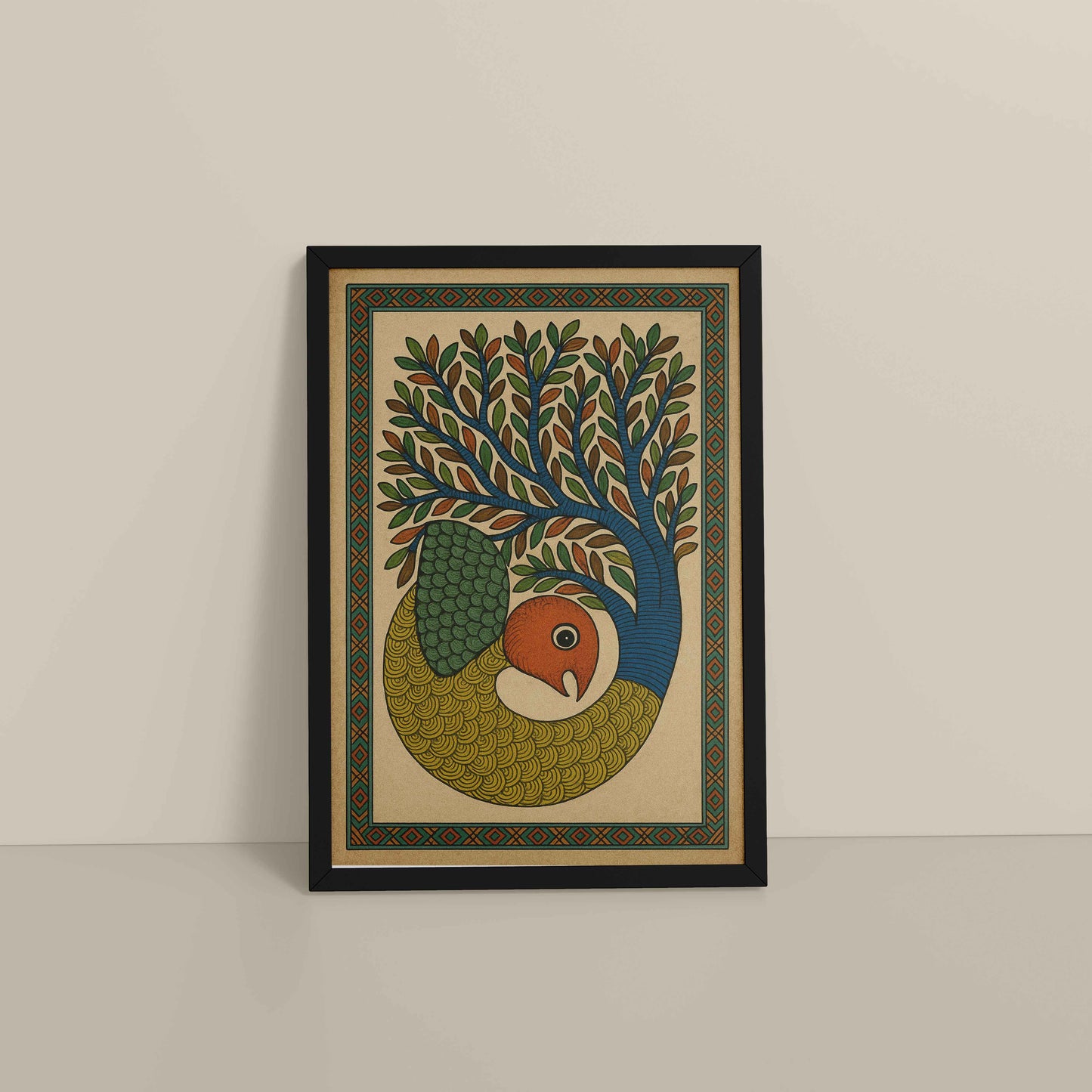 Floor View of Fish in Traditional Gond Art Painting in Black Color Frame