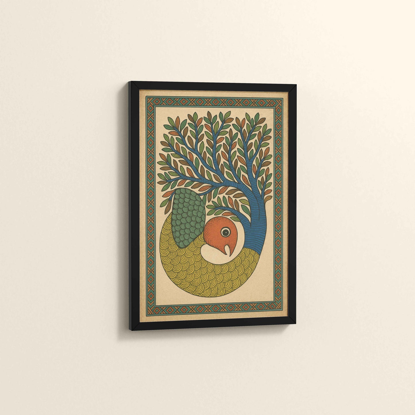 Side View of Fish in Traditional Gond Art Painting in Black Color Frame