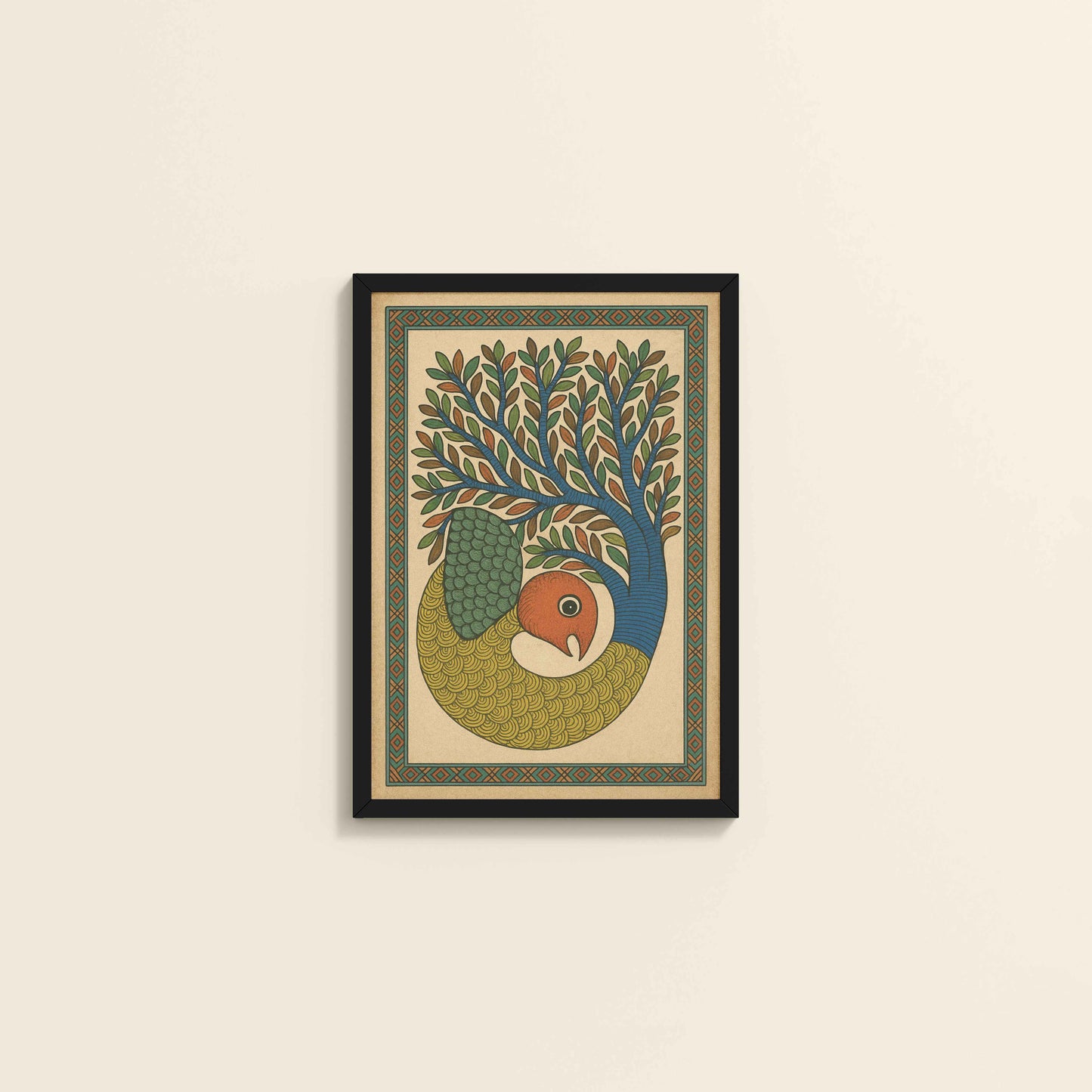 Wall View of Fish in Traditional Gond Art Painting in Black Color Frame