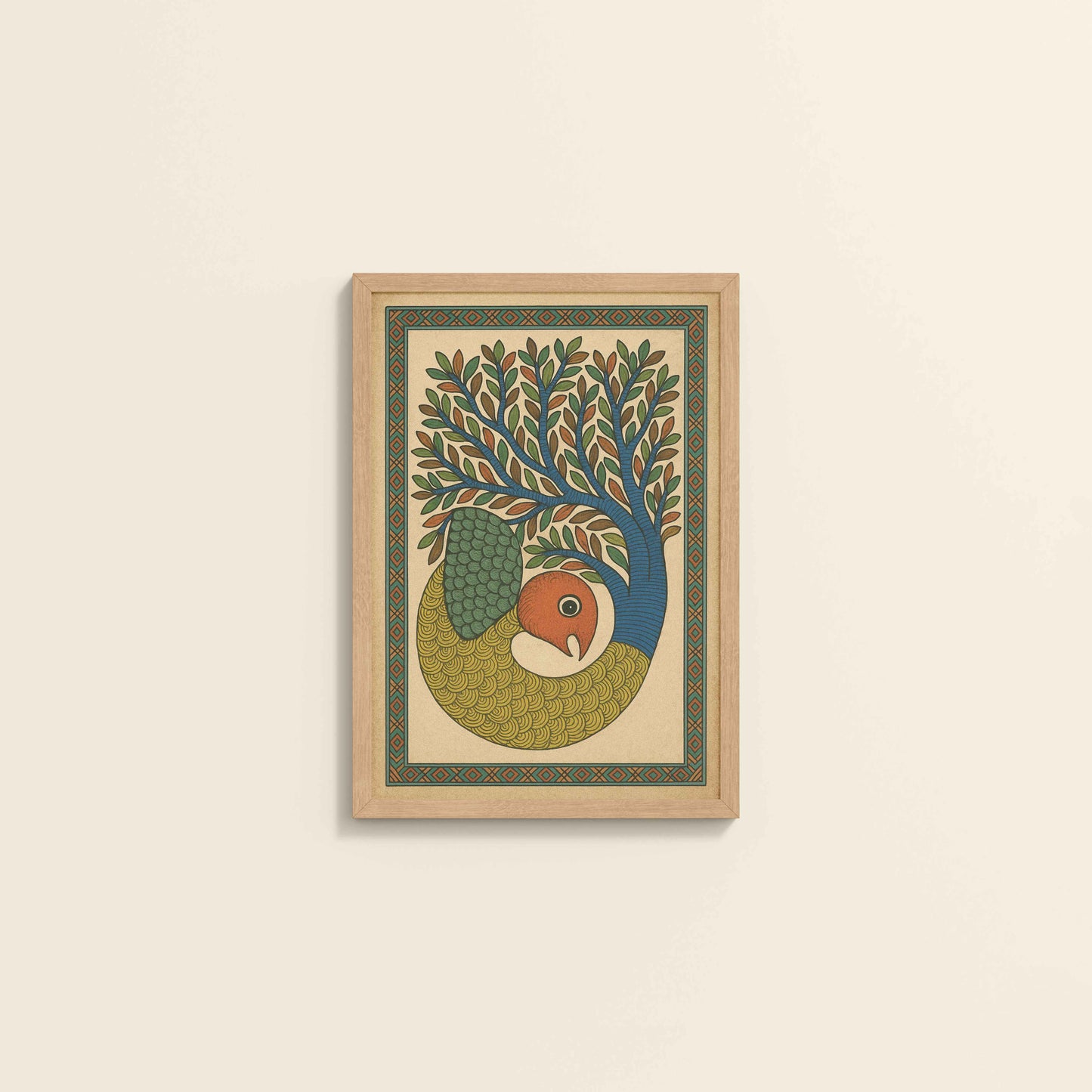 Wall View of Fish in Traditional Gond Art Painting in Natrual Color Frame