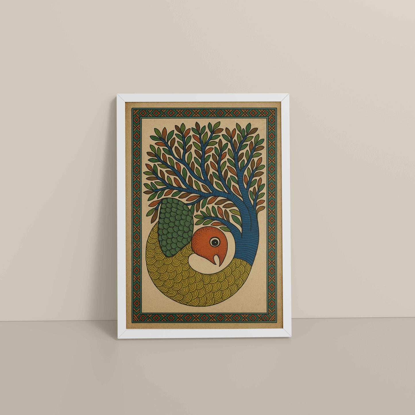 Floor View of Fish in Traditional Gond Art Painting in White Color Frame