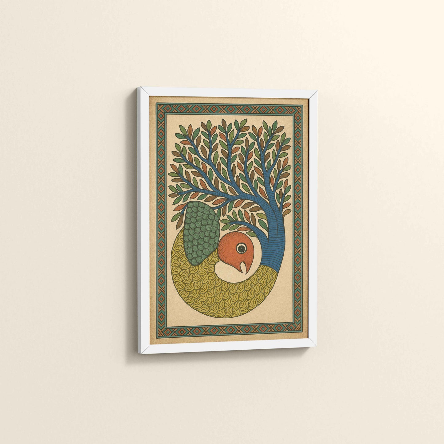 Side View of Fish in Traditional Gond Art Painting in White Color Frame