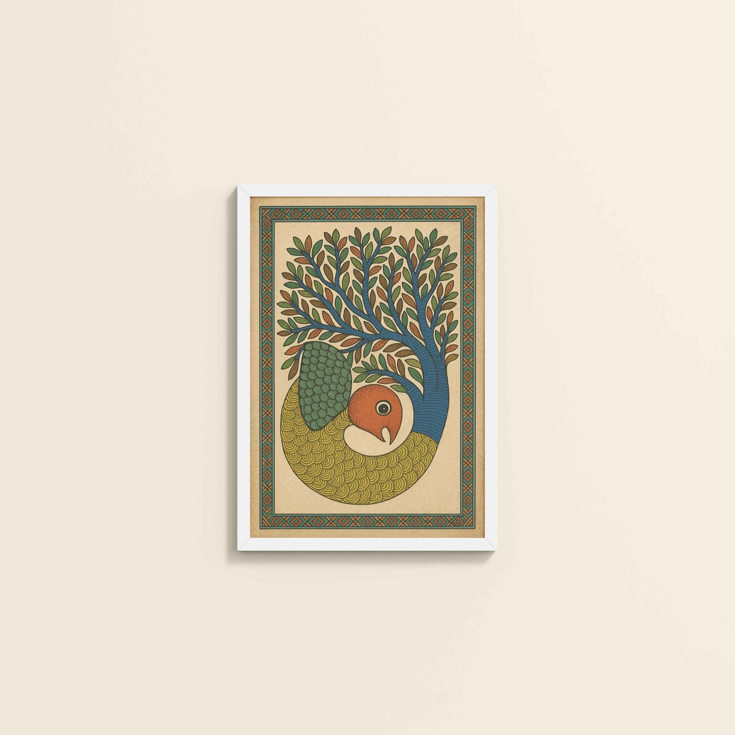 Wall View of Fish in Traditional Gond Art Painting in White Color Frame