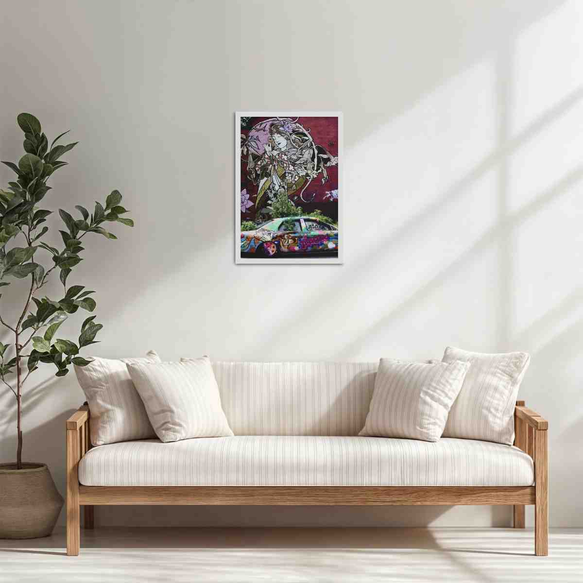 Living Room Cabinet Table Preview of Graffiti Elegance – Woman, Car & Floral Print Wall Frame in White Color Frame