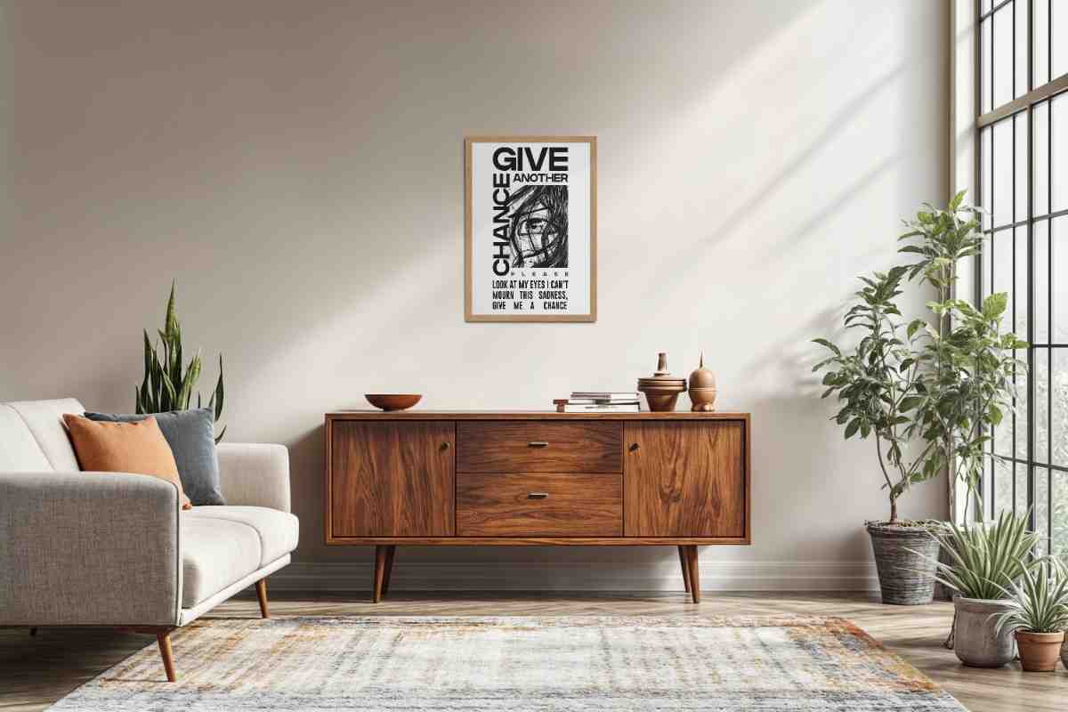Living Room Sofa Preview of Give Another Chance – Graffiti Inspired Wall Art in Natrual Color Frame