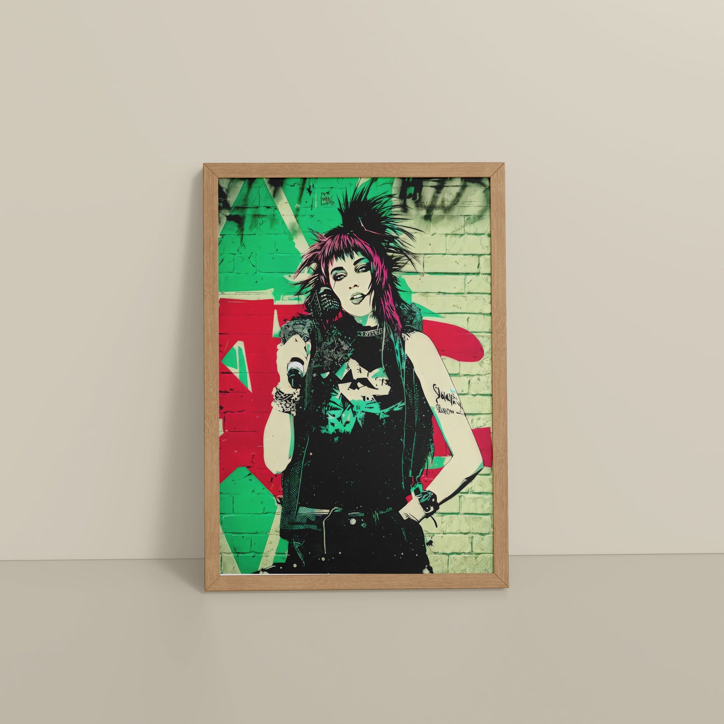 Floor View of Urban Rebel – Grunge Girl Graffiti Wall Art Frame in Natrual Color Frame