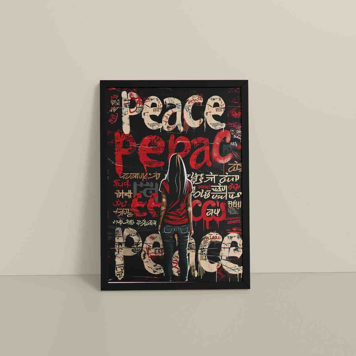 Floor View of Peace in Every Language – Graffiti Art Wall Frame in Black Color Frame