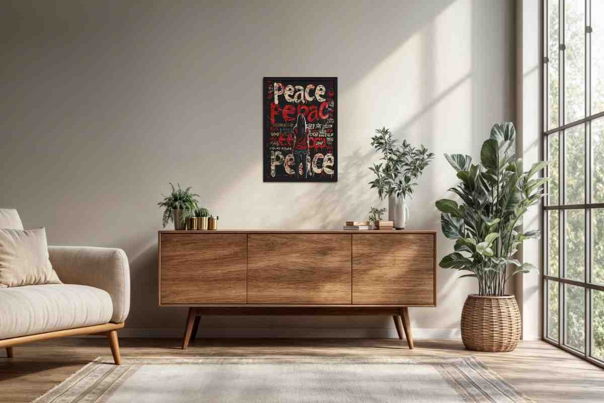 Living Room Cabinet Preview of Peace in Every Language – Graffiti Art Wall Frame in Black Color Frame