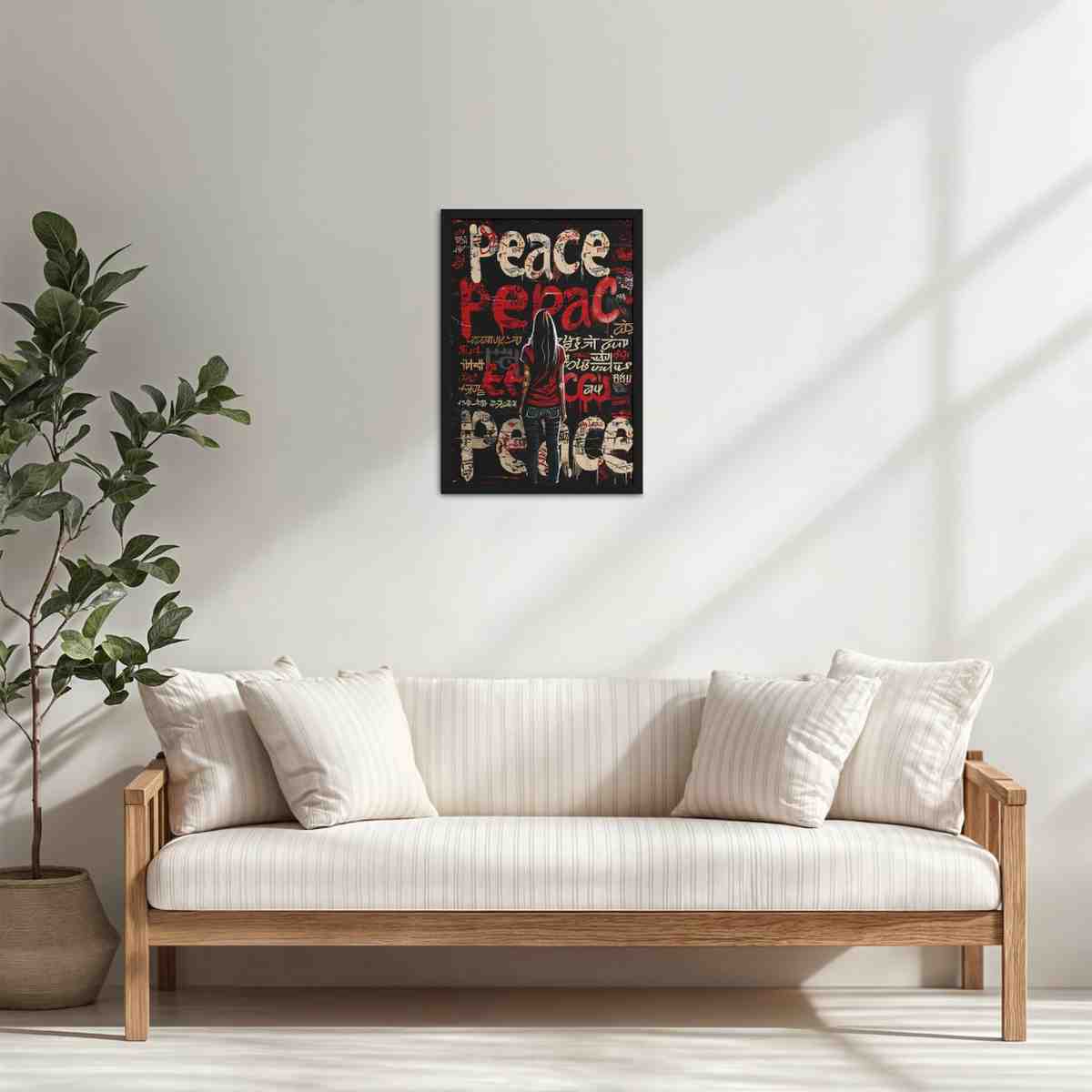 Living Room Cabinet Table Preview of Peace in Every Language – Graffiti Art Wall Frame in Black Color Frame