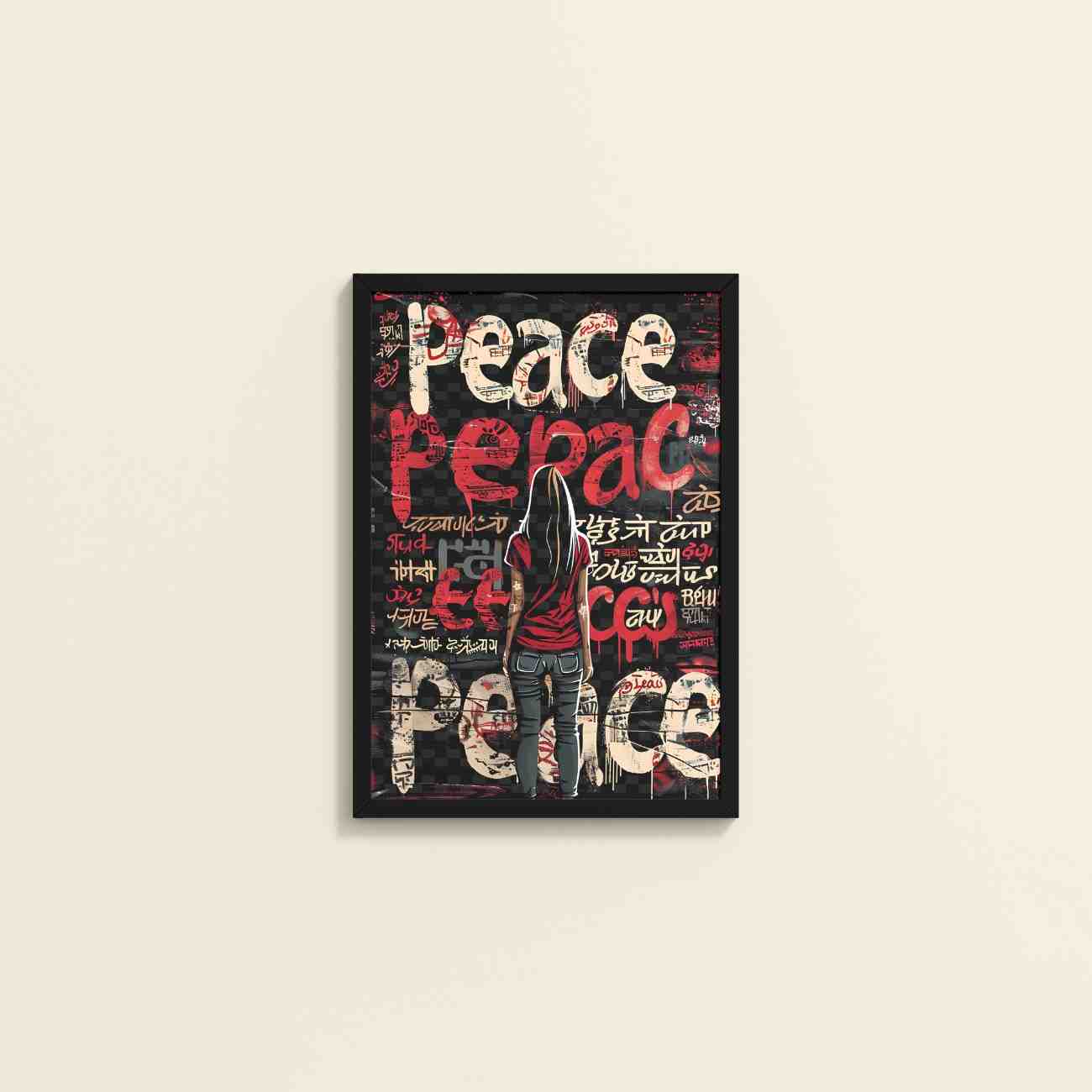 Wall View of Peace in Every Language – Graffiti Art Wall Frame in Black Color Frame