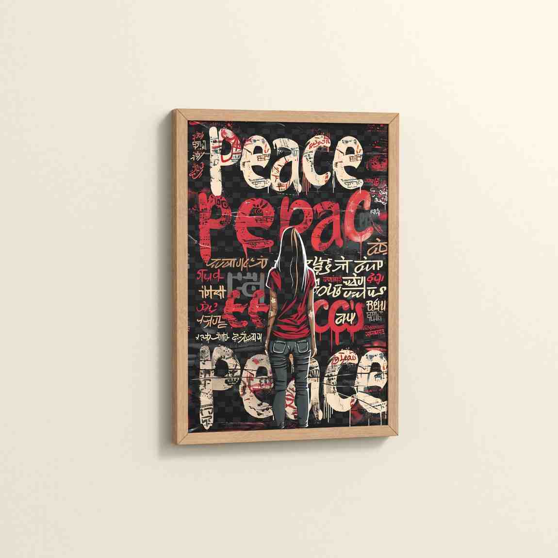 Side View of Peace in Every Language – Graffiti Art Wall Frame in Natrual Color Frame