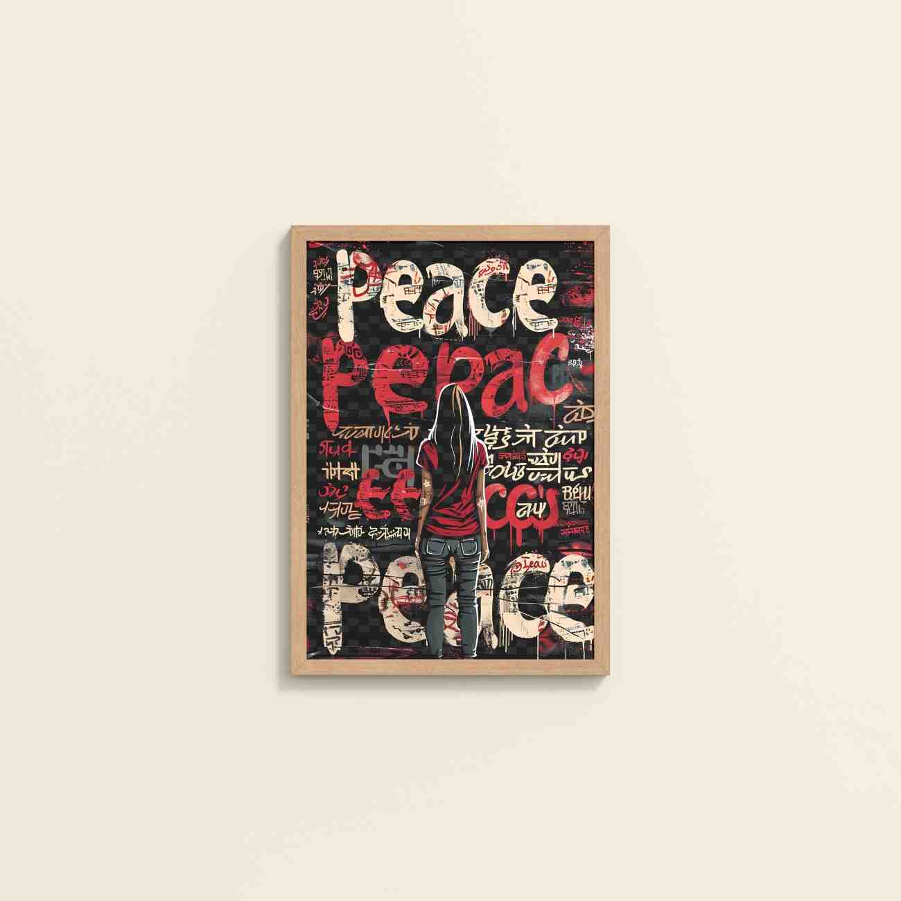 Wall View of Peace in Every Language – Graffiti Art Wall Frame in Natrual Color Frame