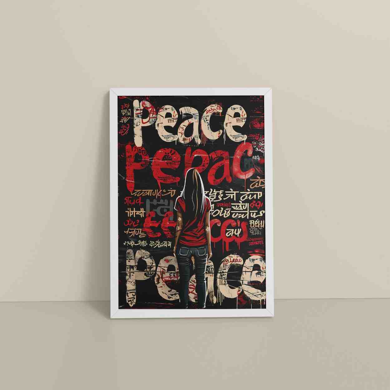 Floor View of Peace in Every Language – Graffiti Art Wall Frame in White Color Frame